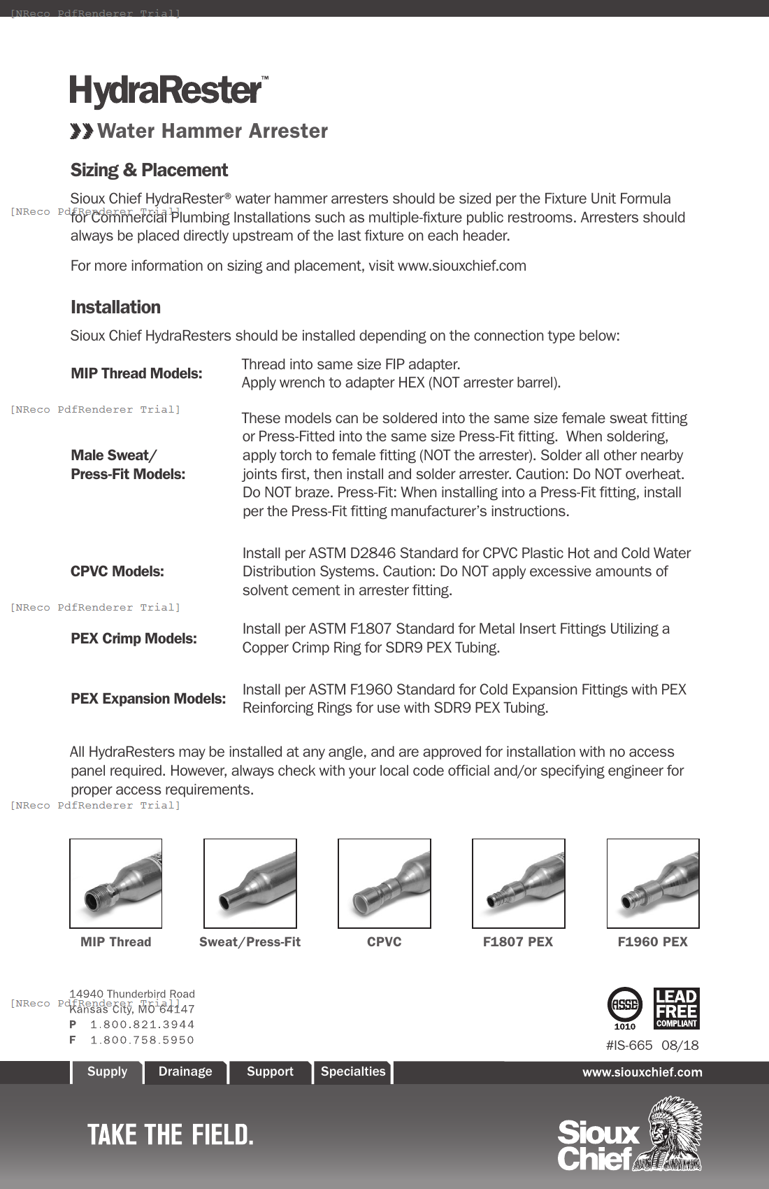 650 SERIES - HYDRARESTER - WATER HAMMER ARRESTERS - INSTRUCTION SHEET.PDF Technical Document